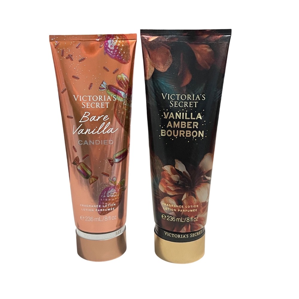 Victoria's Secret Vanilla Lotion Duo Bare Vanilla Candied + Amber Bourbon Sealed